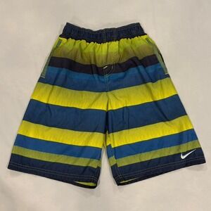 Nike Swim Trunks Boys Medium Blue Lime Green Excellent Striped Board Shorts